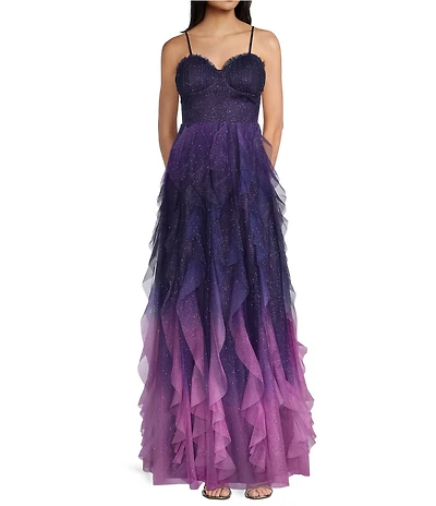 Pear Culture Ombre Glitter Mesh Sweetheart Neck Corseted Ruffled Long Dress