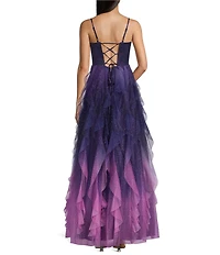 Pear Culture Ombre Glitter Mesh Sweetheart Neck Corseted Ruffled Long Dress
