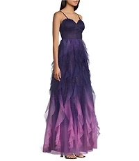 Pear Culture Ombre Glitter Mesh Sweetheart Neck Corseted Ruffled Long Dress