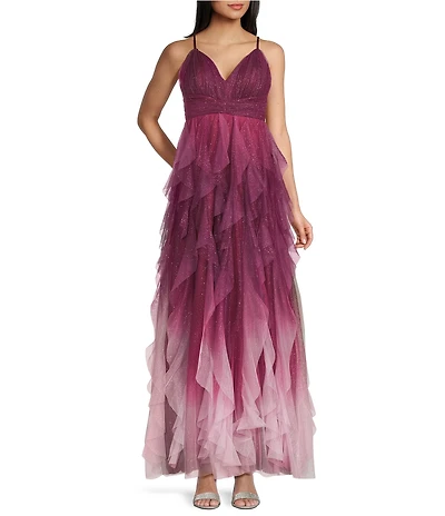 Pear Culture Ombre Glitter Mesh V-Neck Pleated Waist Dress