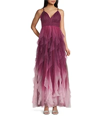 Pear Culture Ombre Glitter Mesh V-Neck Pleated Waist Dress