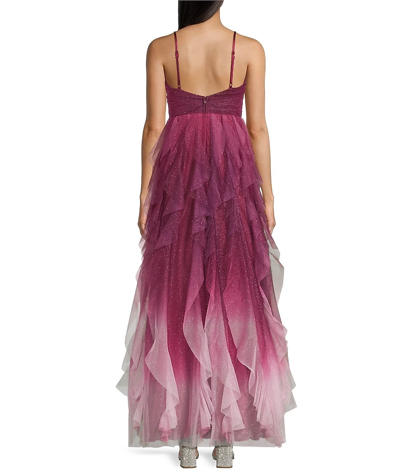 Pear Culture Ombre Glitter Mesh V-Neck Pleated Waist Dress