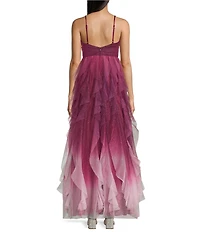 Pear Culture Ombre Glitter Mesh V-Neck Pleated Waist Dress