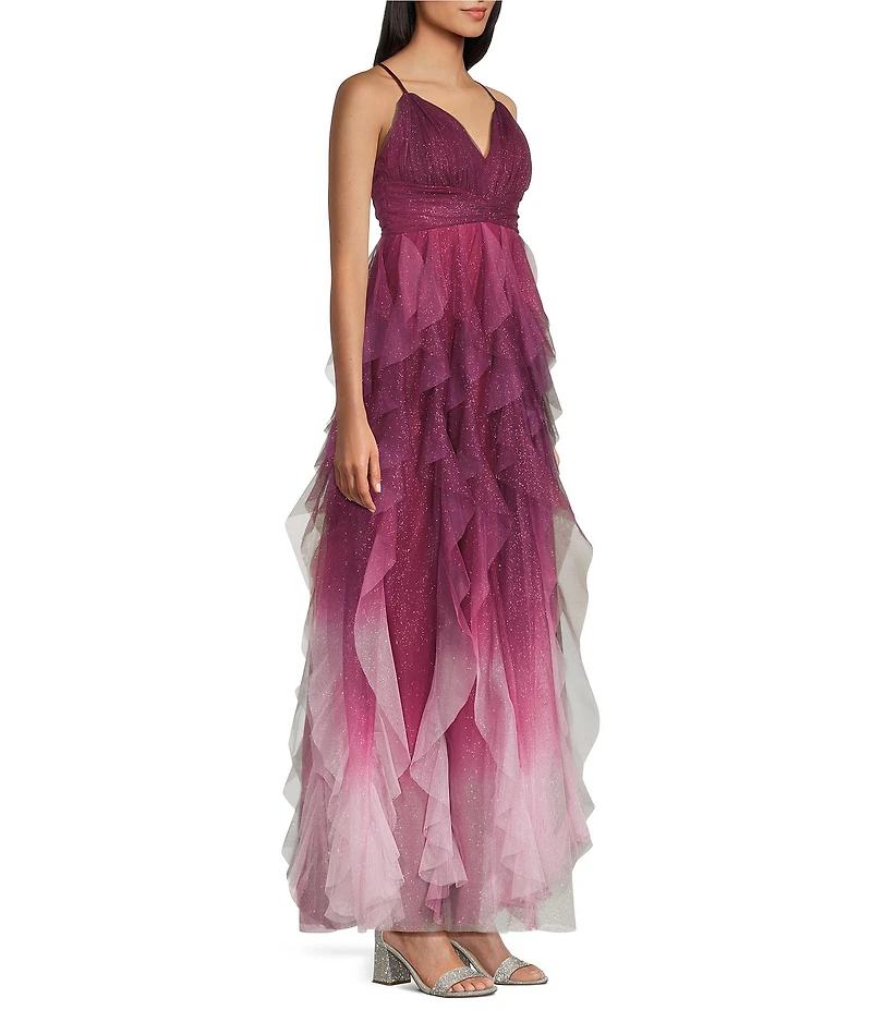 Pear Culture Ombre Glitter Mesh V-Neck Pleated Waist Dress