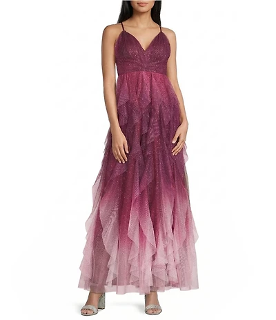 Pear Culture Ombre Glitter Mesh V-Neck Pleated Waist Dress