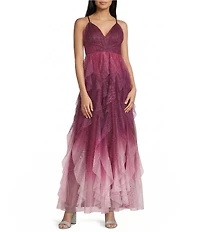 Pear Culture Ombre Glitter Mesh V-Neck Pleated Waist Dress