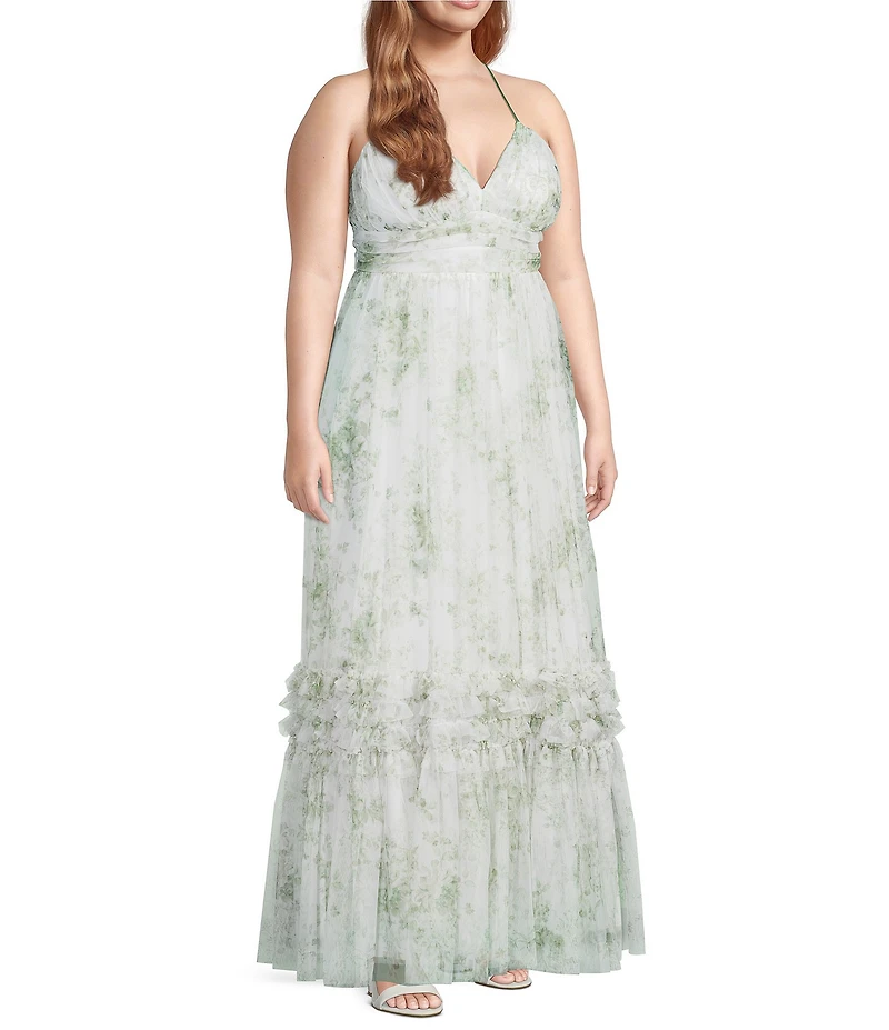 Pear Culture Plus Size Floral Printed Mesh V-Neck Dress