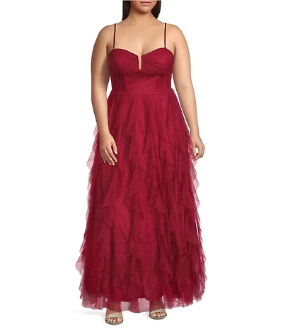 Pear Culture Plus Size Glitter Mesh Pleated Notch Front Ruffled Long Dress