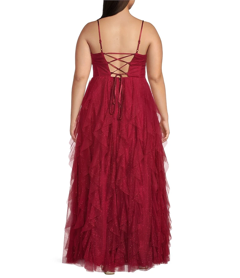 Pear Culture Plus Size Glitter Mesh Pleated Notch Front Ruffled Long Dress