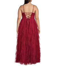 Pear Culture Plus Size Glitter Mesh Pleated Notch Front Ruffled Long Dress