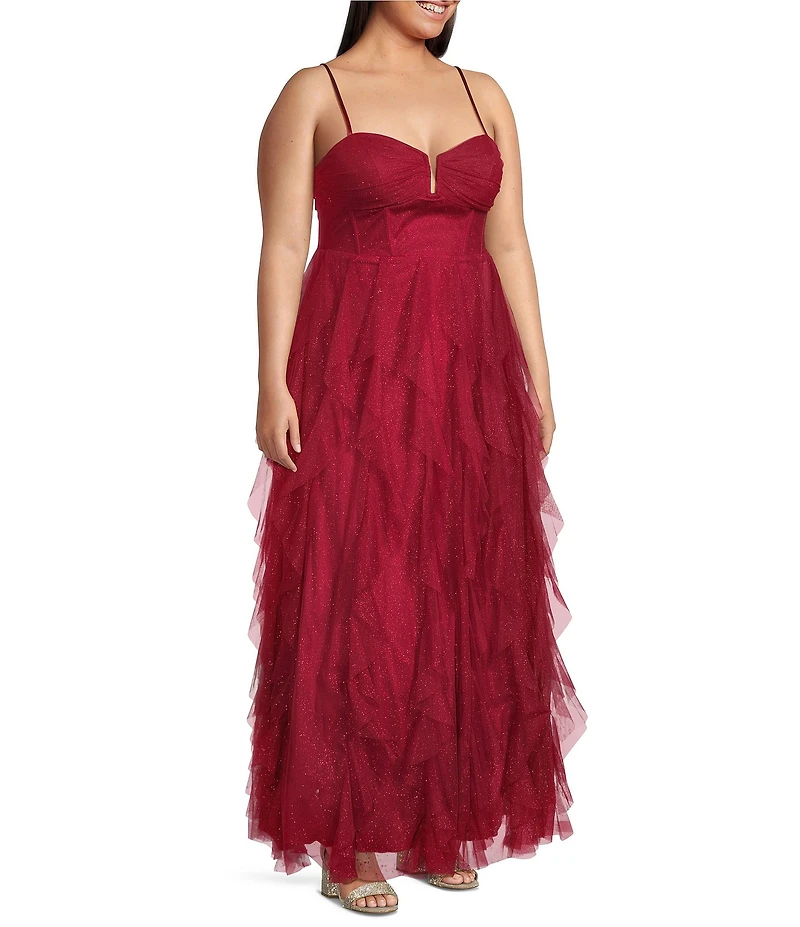 Pear Culture Plus Size Glitter Mesh Pleated Notch Front Ruffled Long Dress