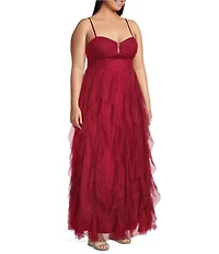 Pear Culture Plus Size Glitter Mesh Pleated Notch Front Ruffled Long Dress