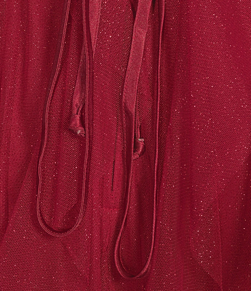 Pear Culture Plus Size Glitter Mesh Pleated Notch Front Ruffled Long Dress