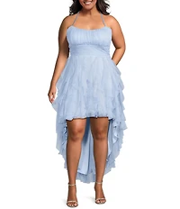 Pear Culture Plus Size Glitter Mesh Scoop Neck Corkscrew Hi-Low Dress