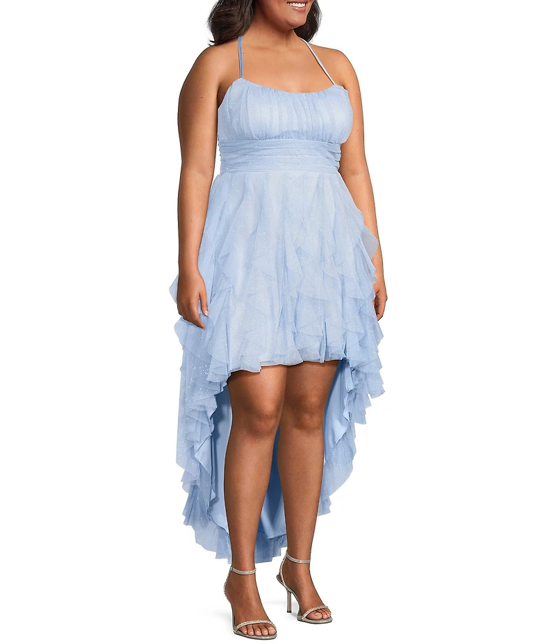 Pear Culture Plus Size Glitter Mesh Scoop Neck Corkscrew Hi-Low Dress