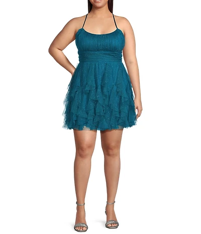 Pear Culture Plus Size Glitter Mesh Scoop Neck Corkscrew Ruffle Dress
