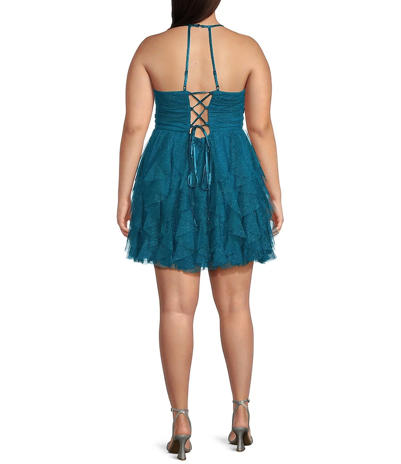 Pear Culture Plus Size Glitter Mesh Scoop Neck Corkscrew Ruffle Dress