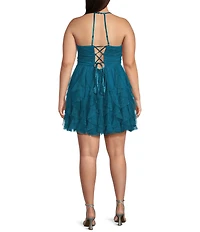 Pear Culture Plus Size Glitter Mesh Scoop Neck Corkscrew Ruffle Dress