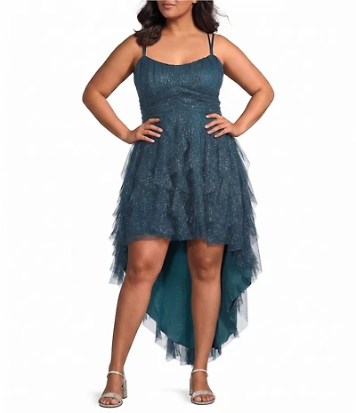 Pear Culture Plus Size Glitter Mesh Scoop Neck X-Back High-Low Corkscrew Ruffle Dress