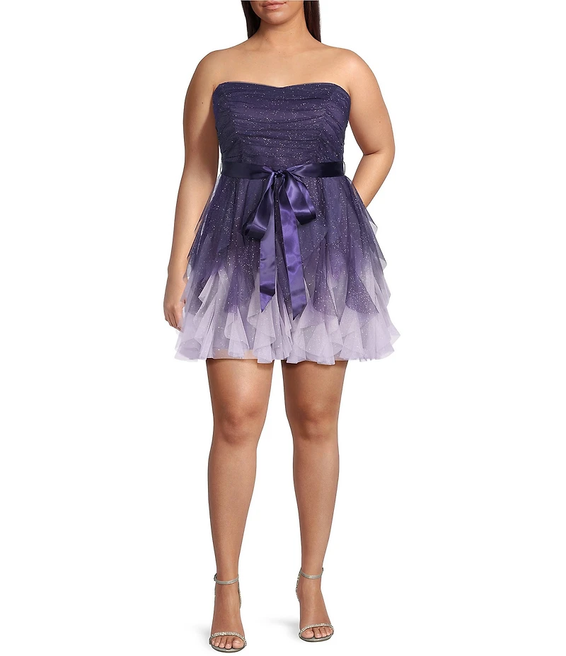 Pear Culture Plus Size Glitter Ombre Mesh Strapless Tie Waist Corkscrew Dress