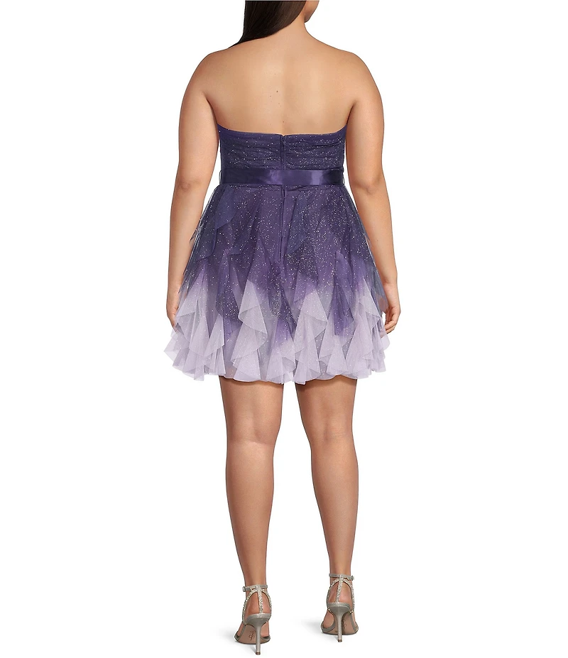 Pear Culture Plus Size Glitter Ombre Mesh Strapless Tie Waist Corkscrew Dress