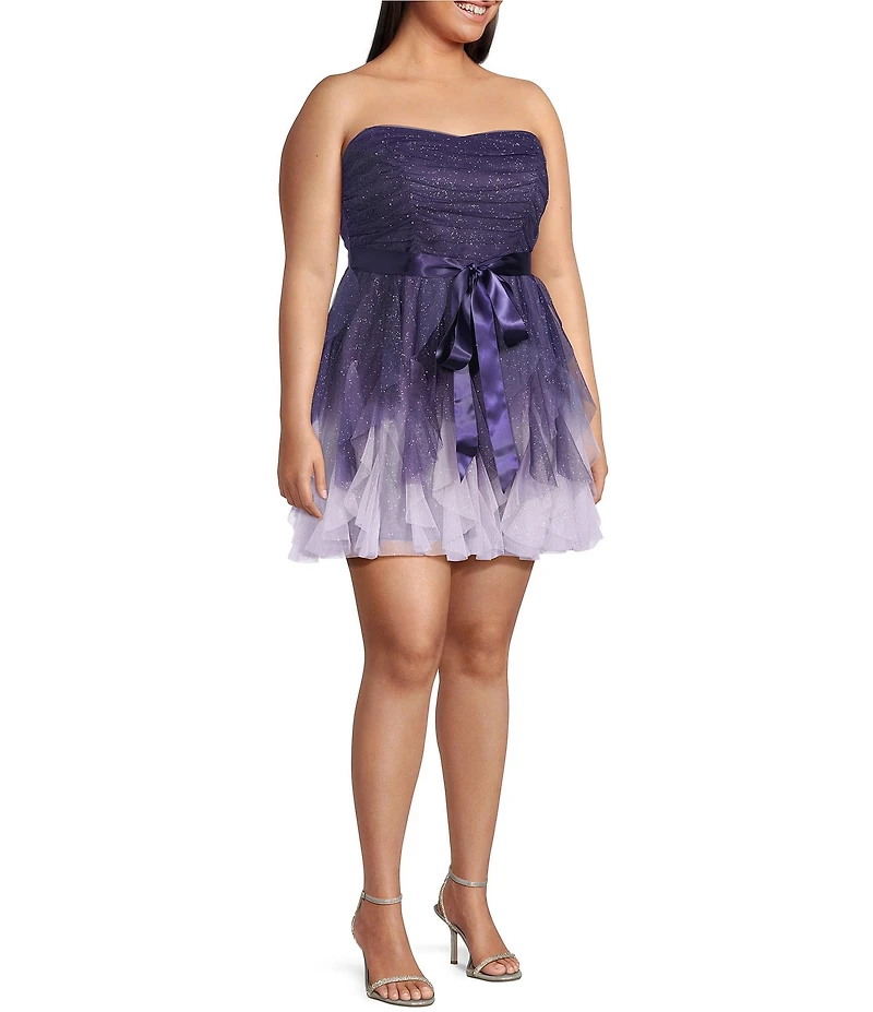 Pear Culture Plus Size Glitter Ombre Mesh Strapless Tie Waist Corkscrew Dress