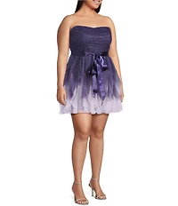 Pear Culture Plus Size Glitter Ombre Mesh Strapless Tie Waist Corkscrew Dress