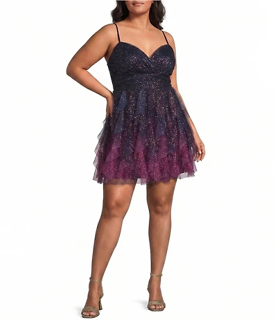 Pear Culture Plus Size Mesh Ombre Glitter V-Neck Petal Dress