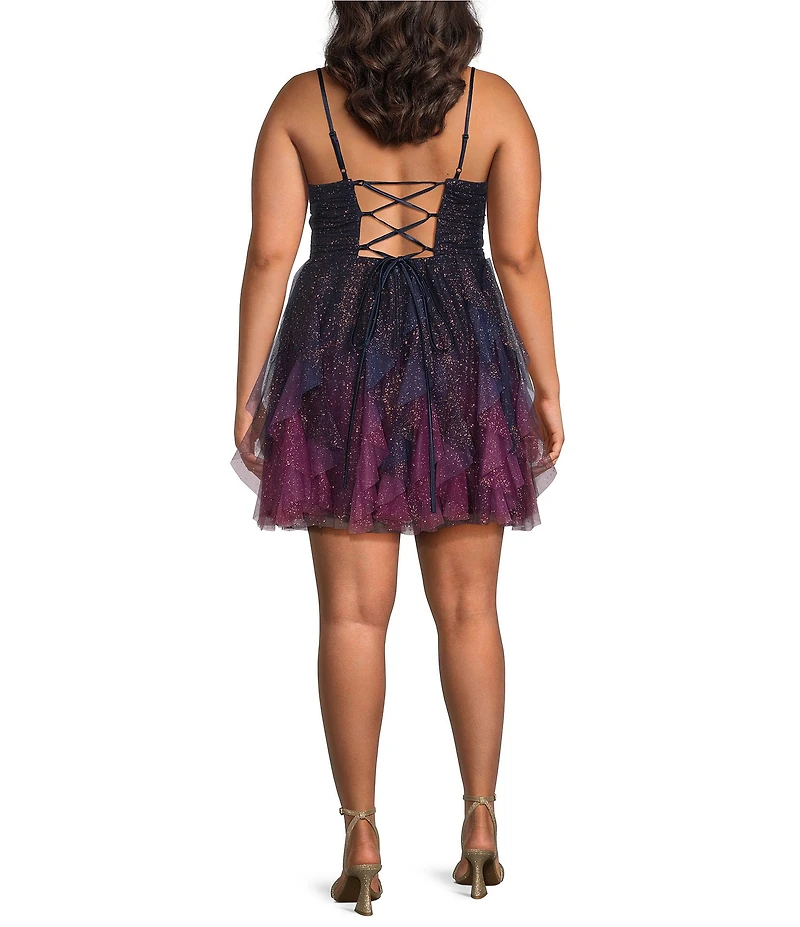Pear Culture Plus Size Mesh Ombre Glitter V-Neck Petal Dress
