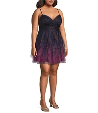 Pear Culture Plus Size Mesh Ombre Glitter V-Neck Petal Dress