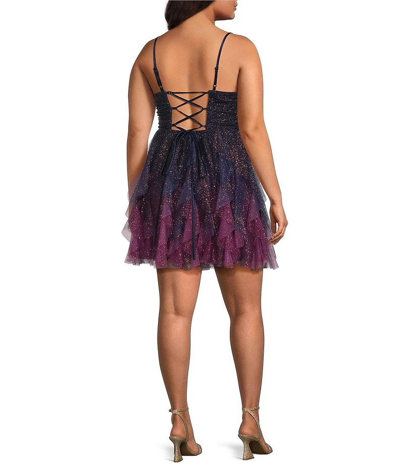 Pear Culture Plus Size Mesh Ombre Glitter V-Neck Petal Dress