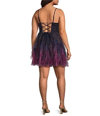 Pear Culture Plus Size Mesh Ombre Glitter V-Neck Petal Dress