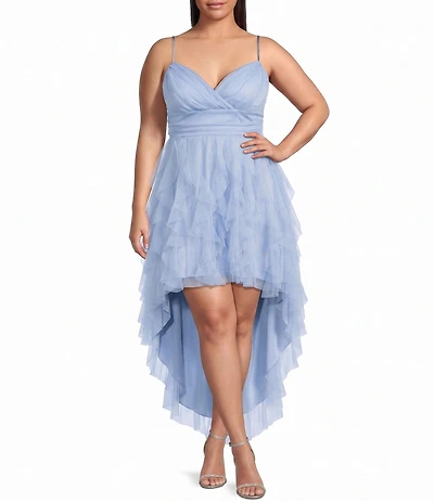 Pear Culture Plus Size Mesh V-Neck High-Low Corkscrew Ruffle Dress