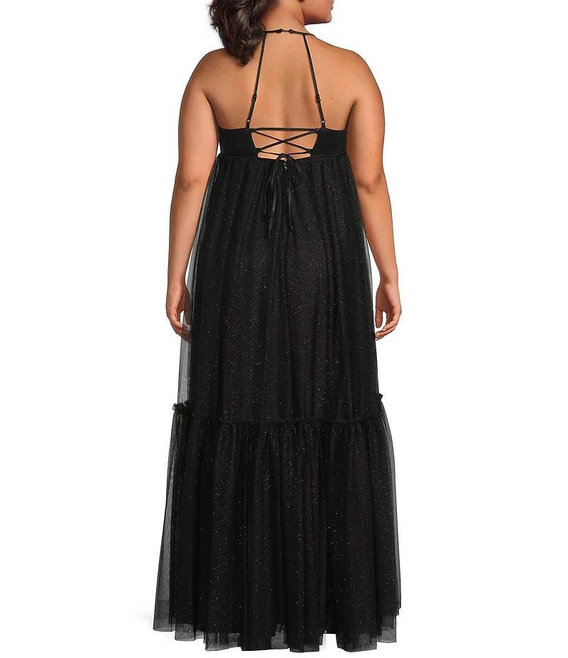 Pear Culture Plus Size Mesh V-Neck Spaghetti Strap Tiered Dress