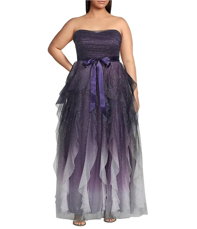 Pear Culture Plus Size Ombre Glitter Mesh Strapless Sweetheart Neck Tie Front Corkscrew Ruffle Long Dress