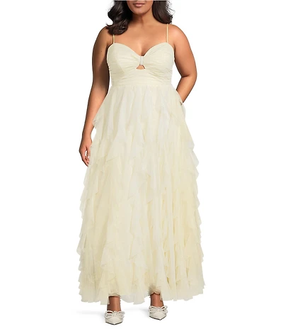 Pear Culture Plus Size Glitter Mesh Sweetheart Neck Spaghetti Strap Keyhole Cork Screw Ruffle Dress