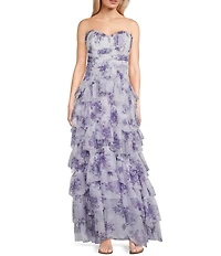 Pear Culture Printed Floral Mesh Strapless Corset Tiered Dress