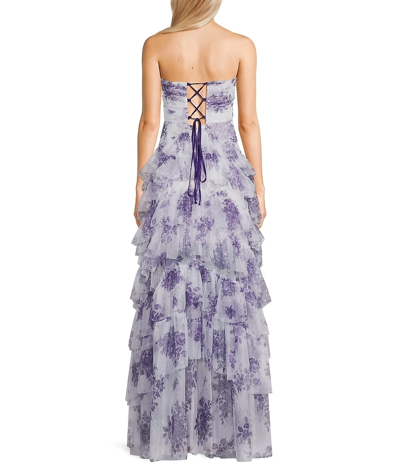 Pear Culture Printed Floral Mesh Strapless Corset Tiered Dress