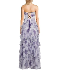 Pear Culture Printed Floral Mesh Strapless Corset Tiered Dress