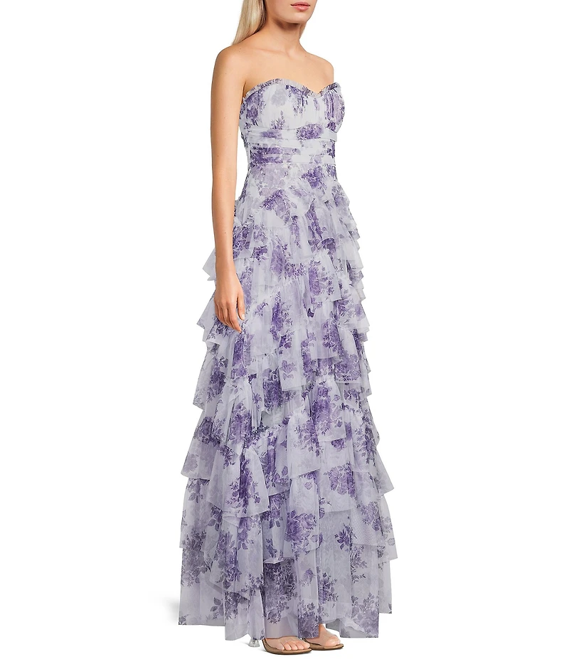 Pear Culture Printed Floral Mesh Strapless Corset Tiered Dress