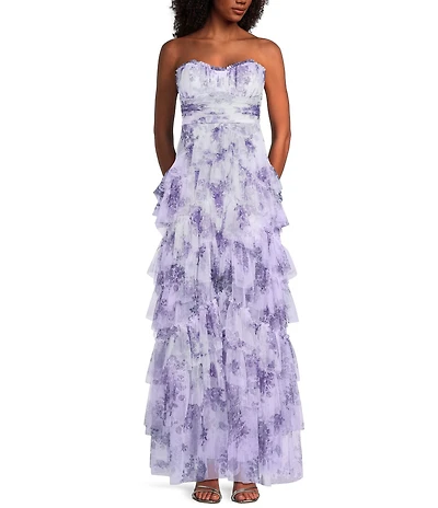 Pear Culture Printed Floral Mesh Strapless Corset Tiered Dress