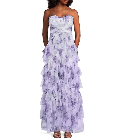 Pear Culture Printed Floral Mesh Strapless Corset Tiered Dress