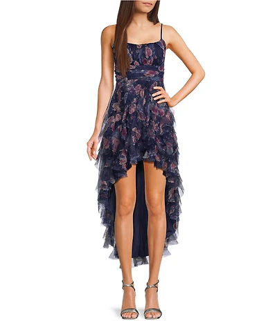 Pear Culture Printed Mesh Scoop Neck Corkscrew High-Low Dress