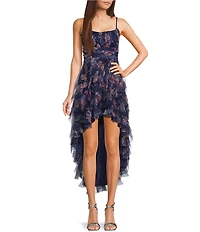 Pear Culture Printed Mesh Scoop Neck Corkscrew High-Low Dress