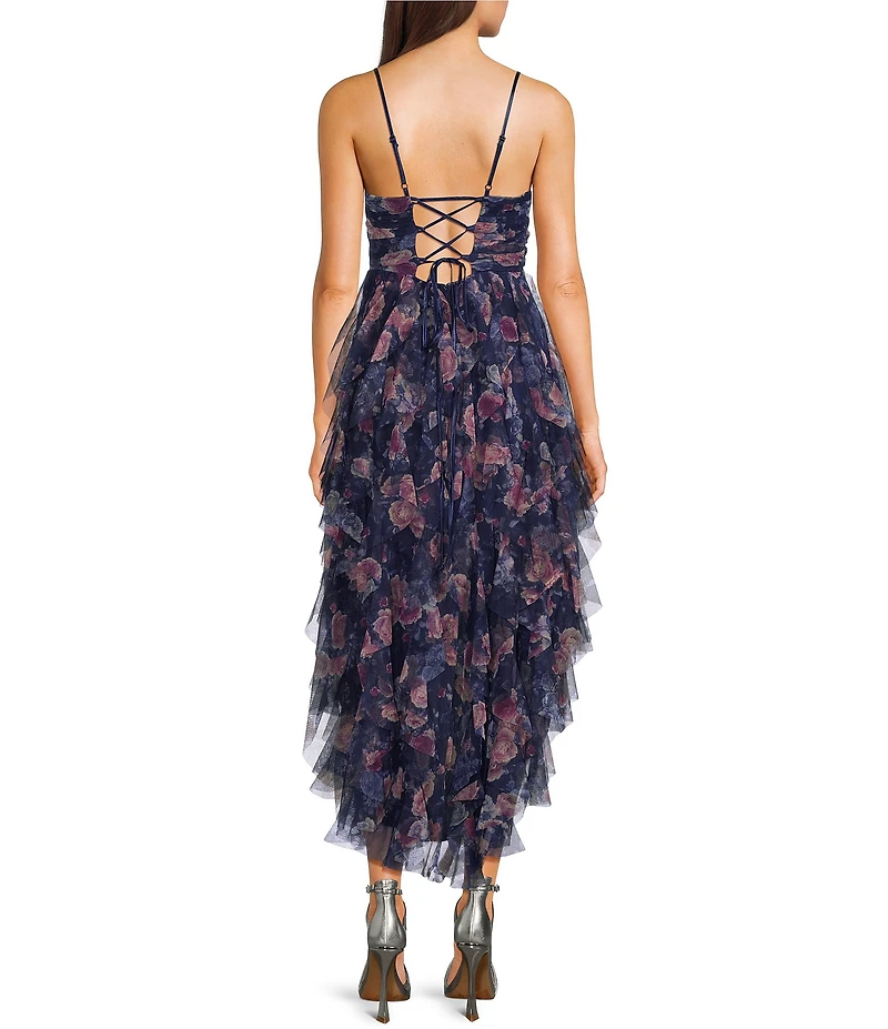 Pear Culture Printed Mesh Scoop Neck Corkscrew High-Low Dress