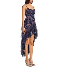 Pear Culture Printed Mesh Scoop Neck Corkscrew High-Low Dress