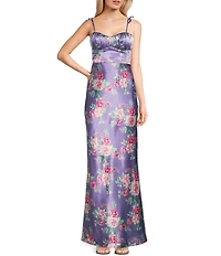Pear Culture Reversible Printed Floral Satin to Solid Sweetheart Neck Spaghetti Straps Dress