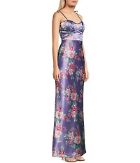 Pear Culture Reversible Printed Floral Satin to Solid Sweetheart Neck Spaghetti Straps Dress