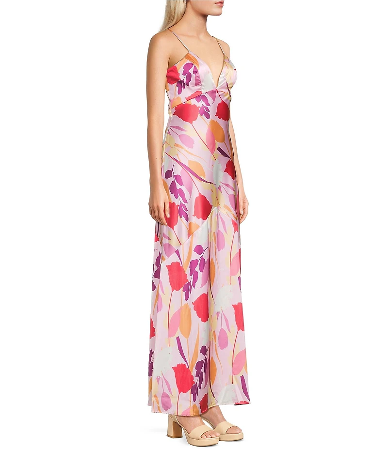 Pear Culture Satin Floral Printed V-Neck Open Back Dress
