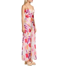 Pear Culture Satin Floral Printed V-Neck Open Back Dress